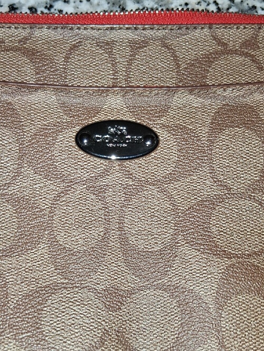 Coach Brown Signature Canvas Wristlet/Clutch MINI bag  with Orange Trim EUC - Picture 12 of 13